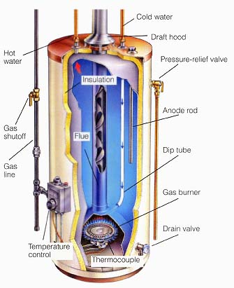Cold water; Draft hood; Pressure-relief valve; Anode rod; Dip tube; Gas burner; Drain valve