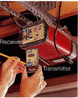 Garage door openers. Randomly reset the tiny switches in the transmitter, then set the switches on the receiver to match.