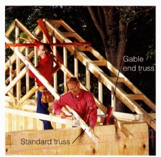 Factory-built trusses (right) , triangles of 2x4s and 2x6s reinforced with metal plates and a web of more 2x4s and 2x6s, can be installed easily, even by novices. Computerized systems can make all the calculations to allow even complex roof designs to be manufactured and installed using trusses. 