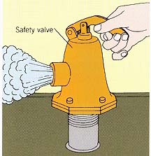 Check safety valve once a year. With boiler running, pull up lever and let small amount of steam escape. Watch that valve reseals and doesn't leak. If it sticks or is clogged, shut off power and have the valve replaced