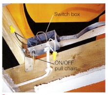 3. Mount the switch box to the ceiling joist. Run cable from a new circuit or nearby power source and make connections. The switch box may contain a pull chain for operation or you can install a wall switch. 
