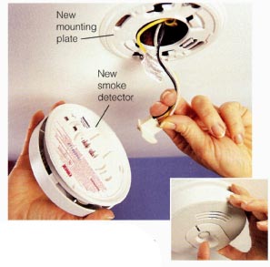 Replace old AC-powered detectors. Turn off power at main circuit panel, disconnect old detector, then install new mounting plate and detector. Replace interconnected alarms at the same time with compatible units from the same manufacturer. Turn on power and test. Tip: Jot the installation date on the mounting plate so you'll know when to replace the detector.
