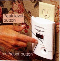 Alarms. Test CO alarms monthly. Those with a digital display will also show the peak CO level in your home when you push the peak level button
